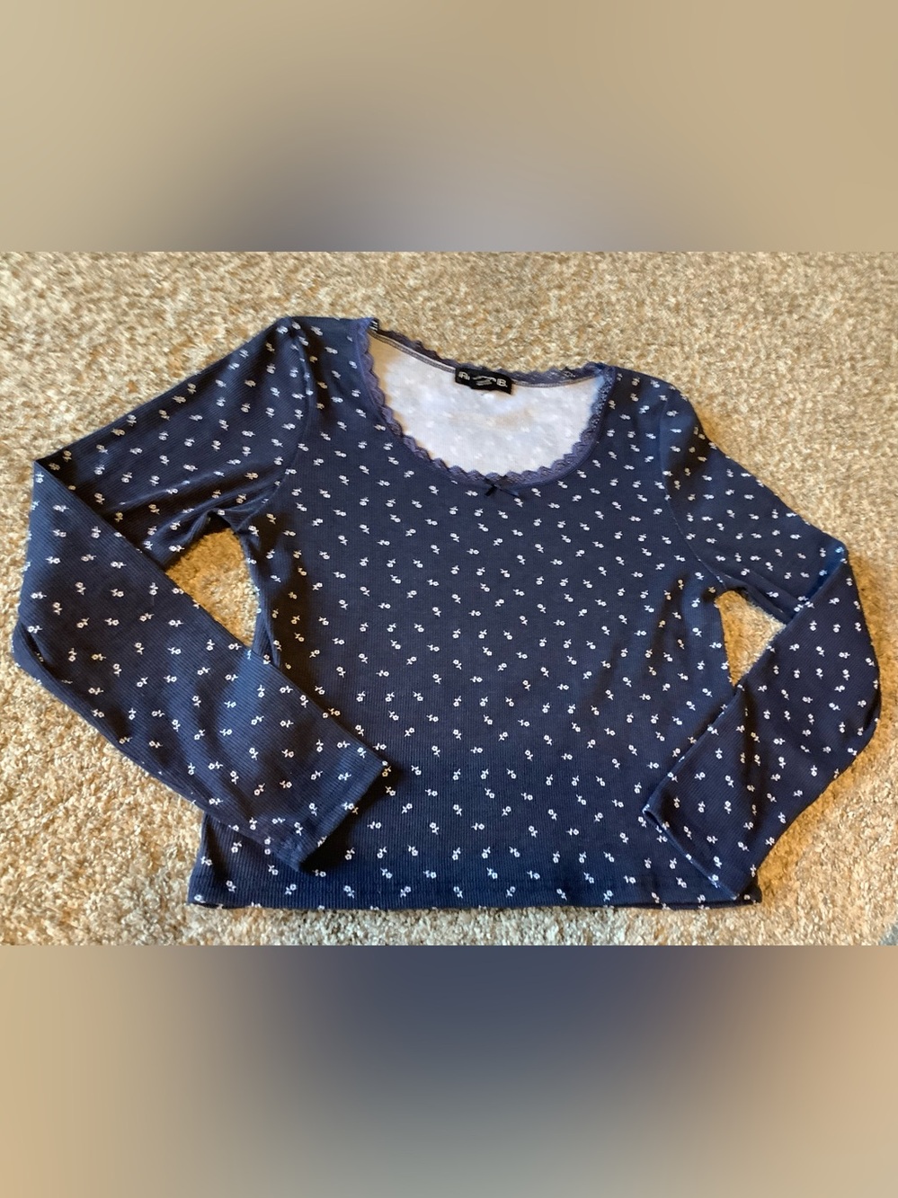Navy Long Sleeve Scoop Neck Top with White flower print